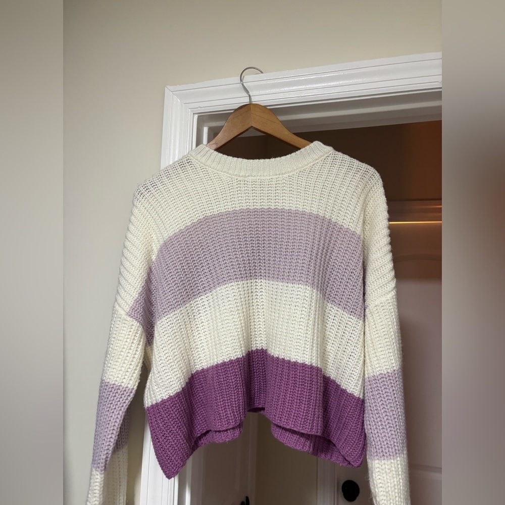 Moon & Madison Lavender and Cream Striped Oversized Cropped Sweater